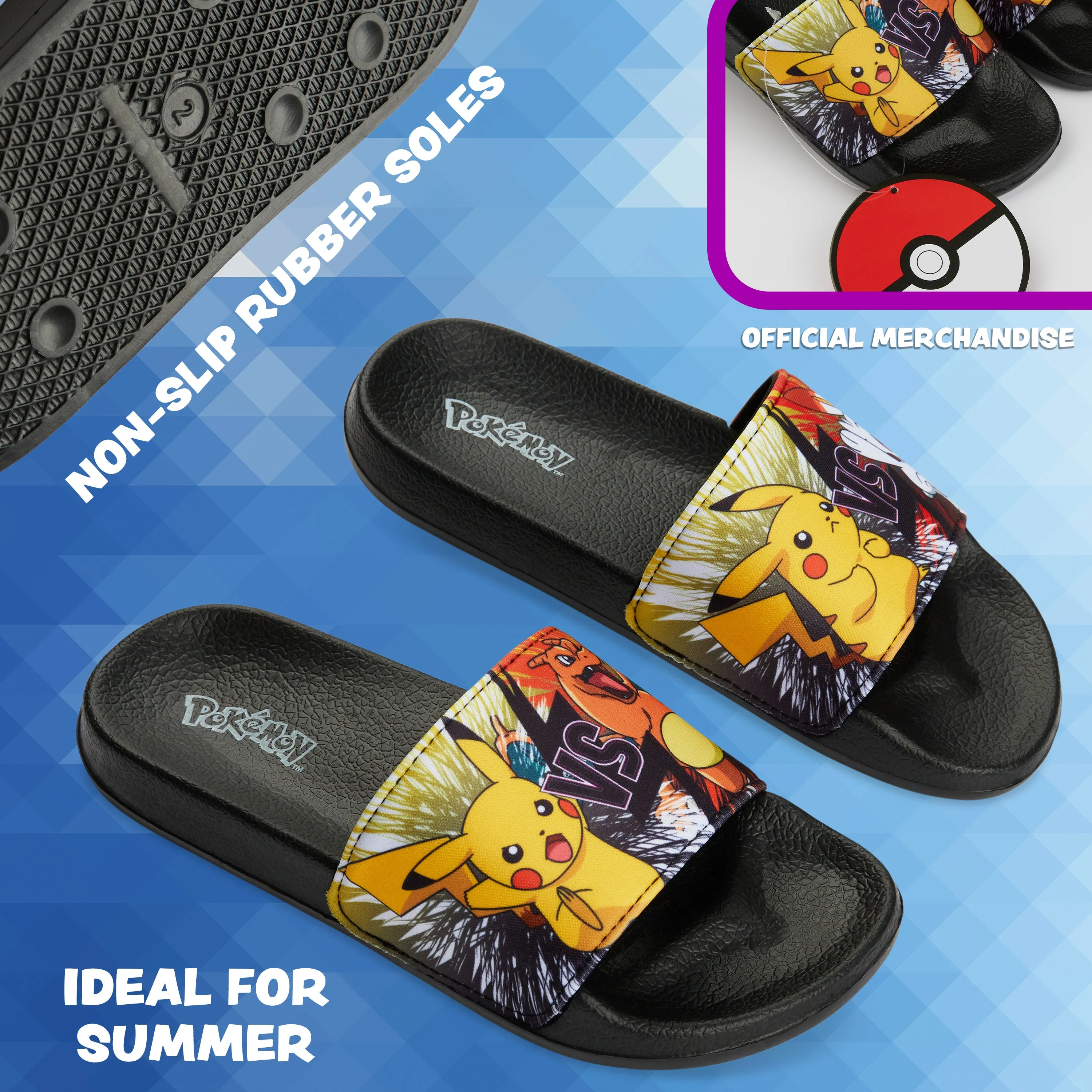 Pokemon Boys Sliders, Beach or Pool Shoes for Kids - Black/Orange