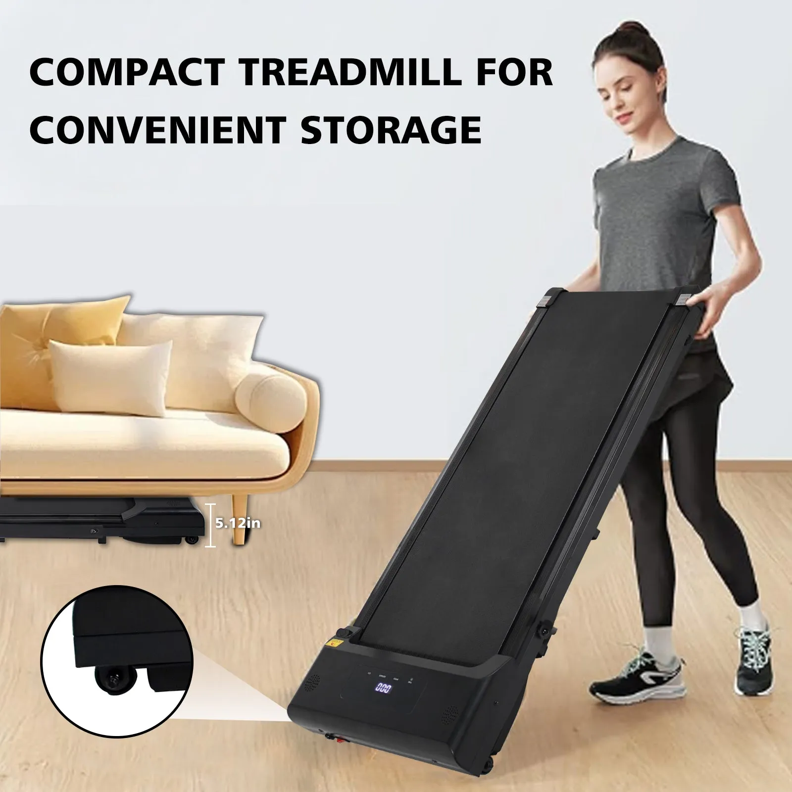 Portable treadmill with remote control, a 240 pound walking and jogging machine, and a black capacity