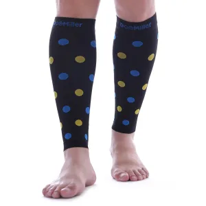 Premium Calf Compression Sleeve 20-30 mmHg BLACK w/ BLUE YELLOW Polka Dots by Doc Miller