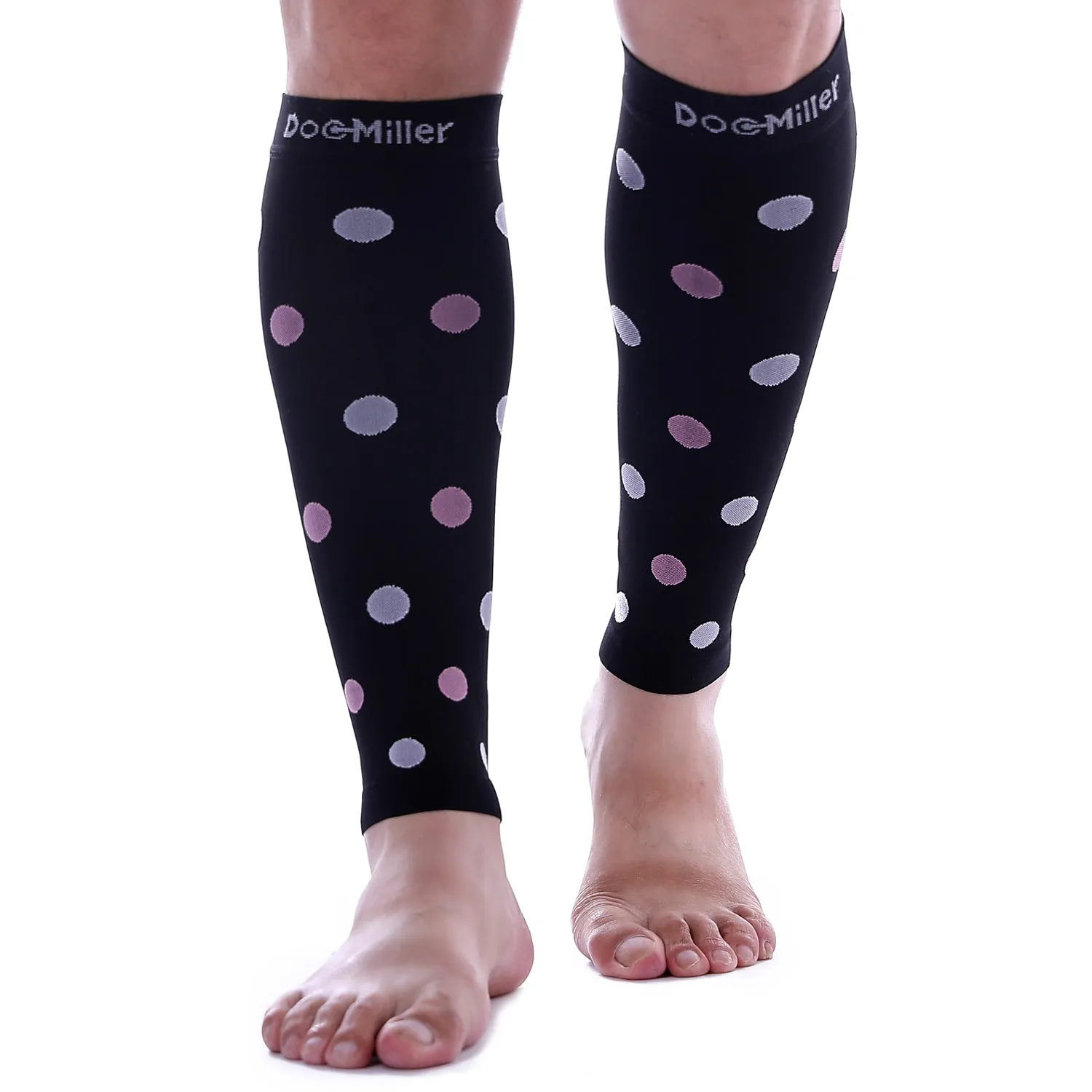 Premium Calf Compression Sleeve 20-30 mmHg BLACK w/ PINK WHITE Polka Dots by Doc Miller