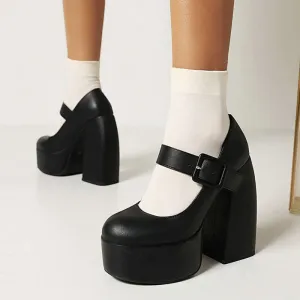 Pure Color Chunk High Heel Mary Janes Shoes