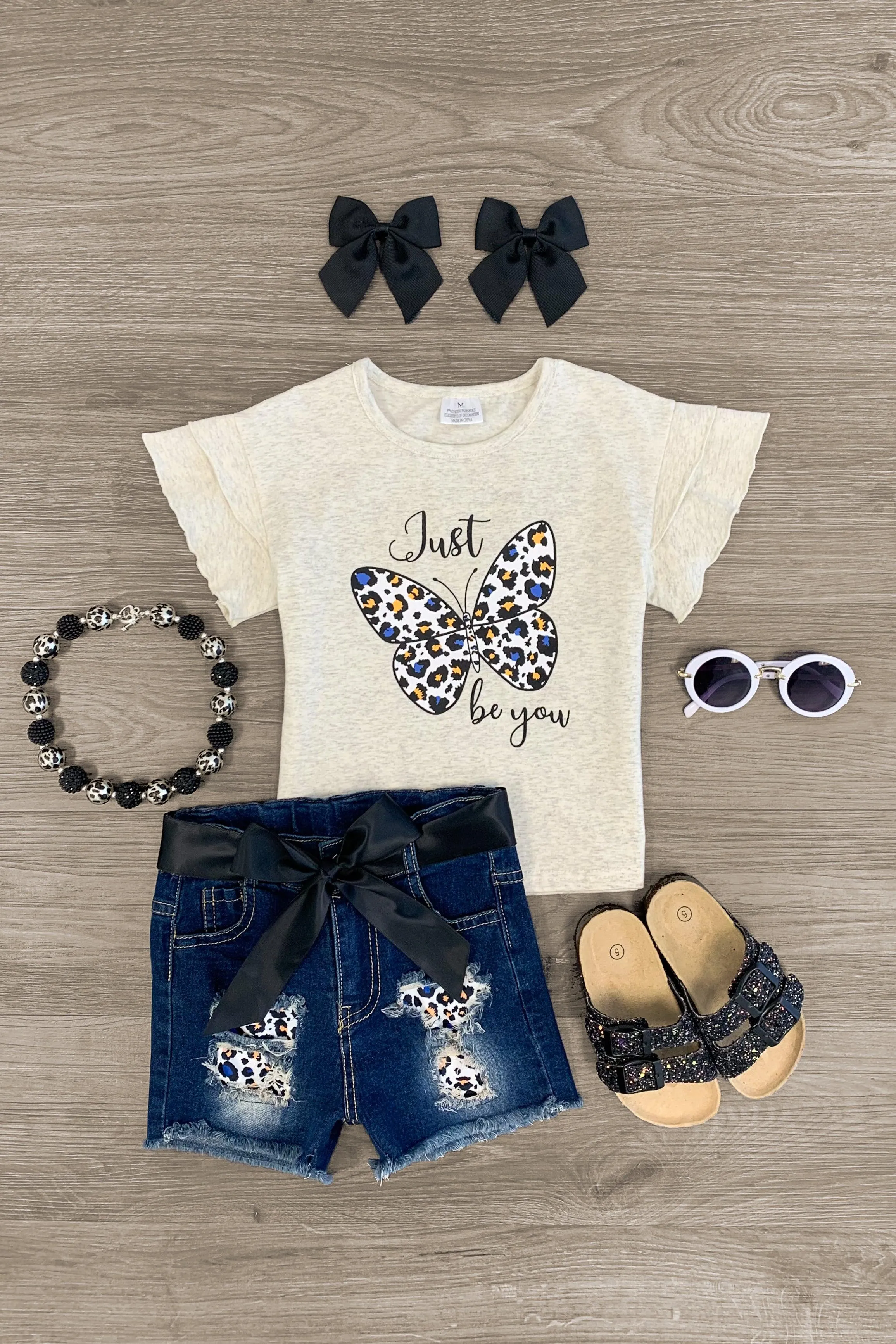 "Just Be You" Leopard Butterfly Denim Short Set