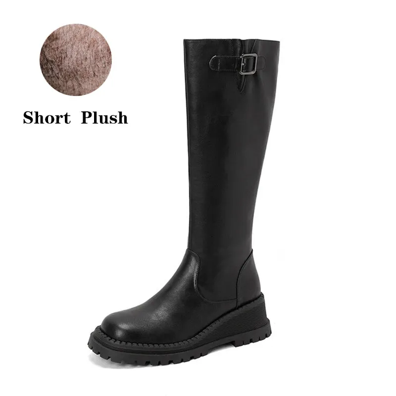 Riding Boots for Women in Black/Brown Leather - Chunky Knee High Boots