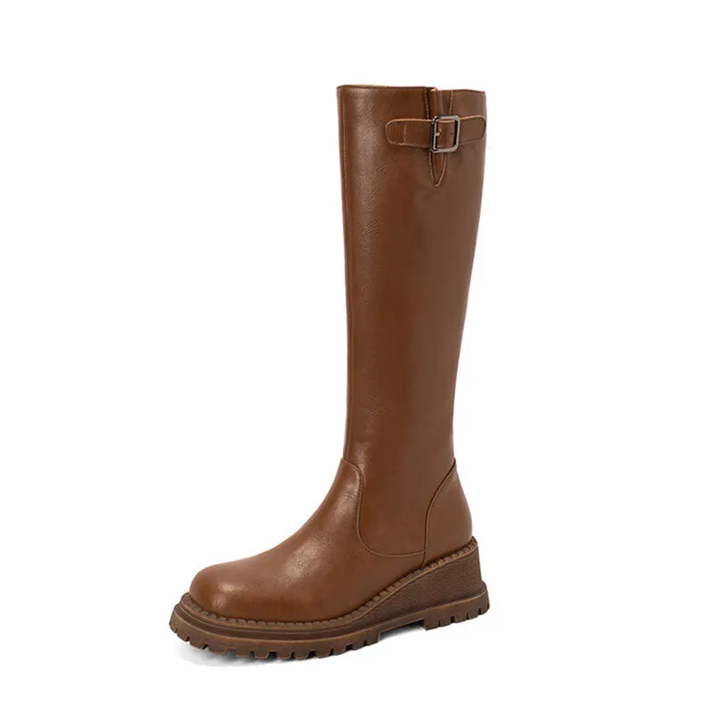 Riding Boots for Women in Black/Brown Leather - Chunky Knee High Boots