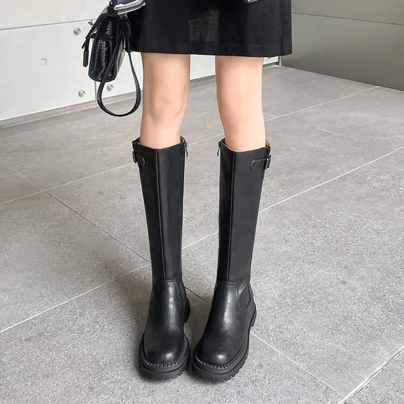 Riding Boots for Women in Black/Brown Leather - Chunky Knee High Boots