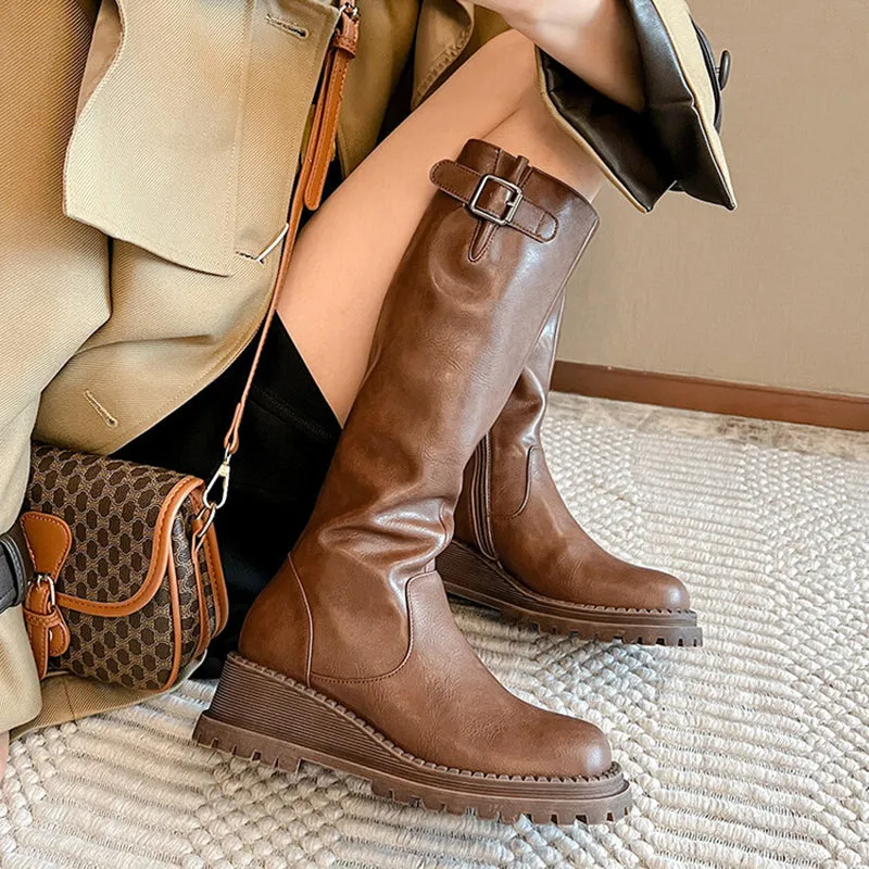 Riding Boots for Women in Black/Brown Leather - Chunky Knee High Boots