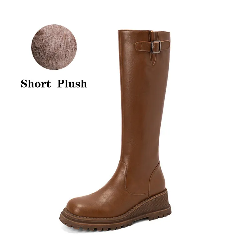 Riding Boots for Women in Black/Brown Leather - Chunky Knee High Boots