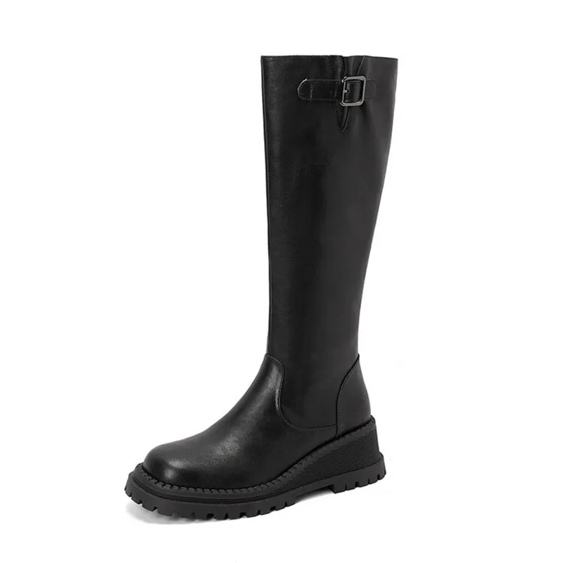 Riding Boots for Women in Black/Brown Leather - Chunky Knee High Boots