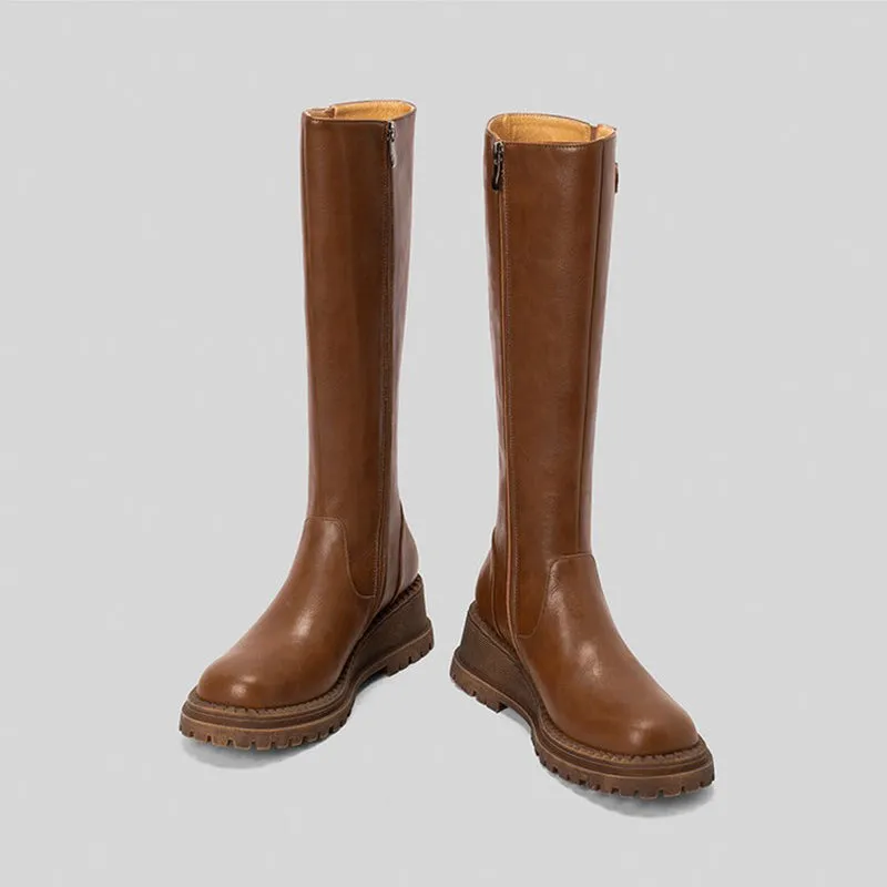 Riding Boots for Women in Black/Brown Leather - Chunky Knee High Boots