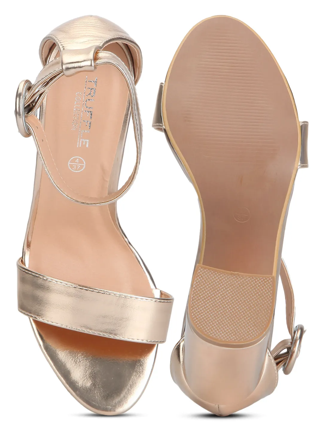 Rosegold Metallic PU Ankle Strap High Block Heels