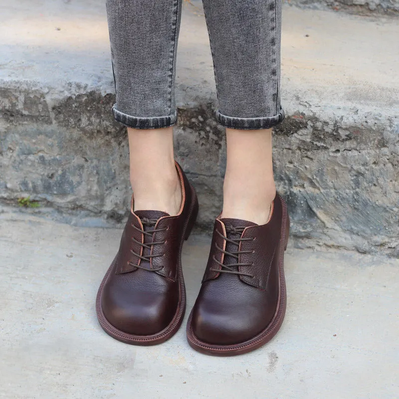 Round Toe Oxfords & Tie Shoes For Women Handmade Full Grain Leathe Coffee/Black