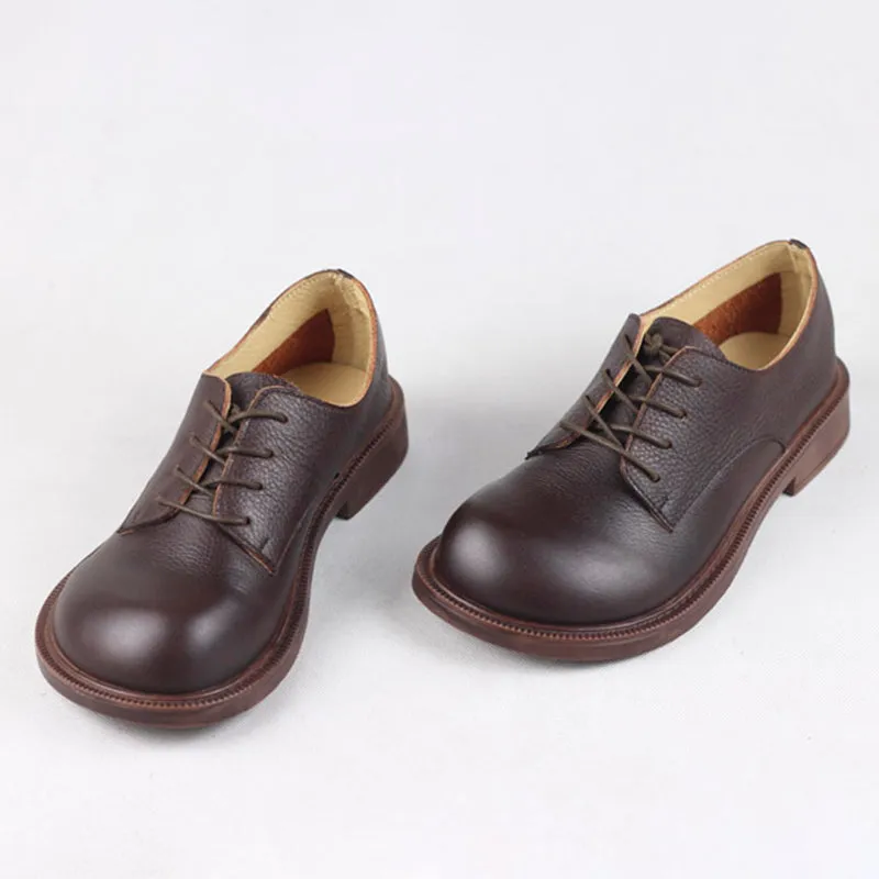 Round Toe Oxfords & Tie Shoes For Women Handmade Full Grain Leathe Coffee/Black