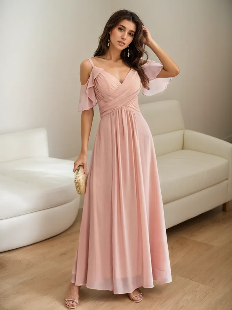 Ruffled sleeves strap deep V-neck A-line ankle length chiffon prom dress