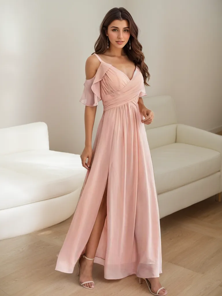 Ruffled sleeves strap deep V-neck A-line ankle length chiffon prom dress