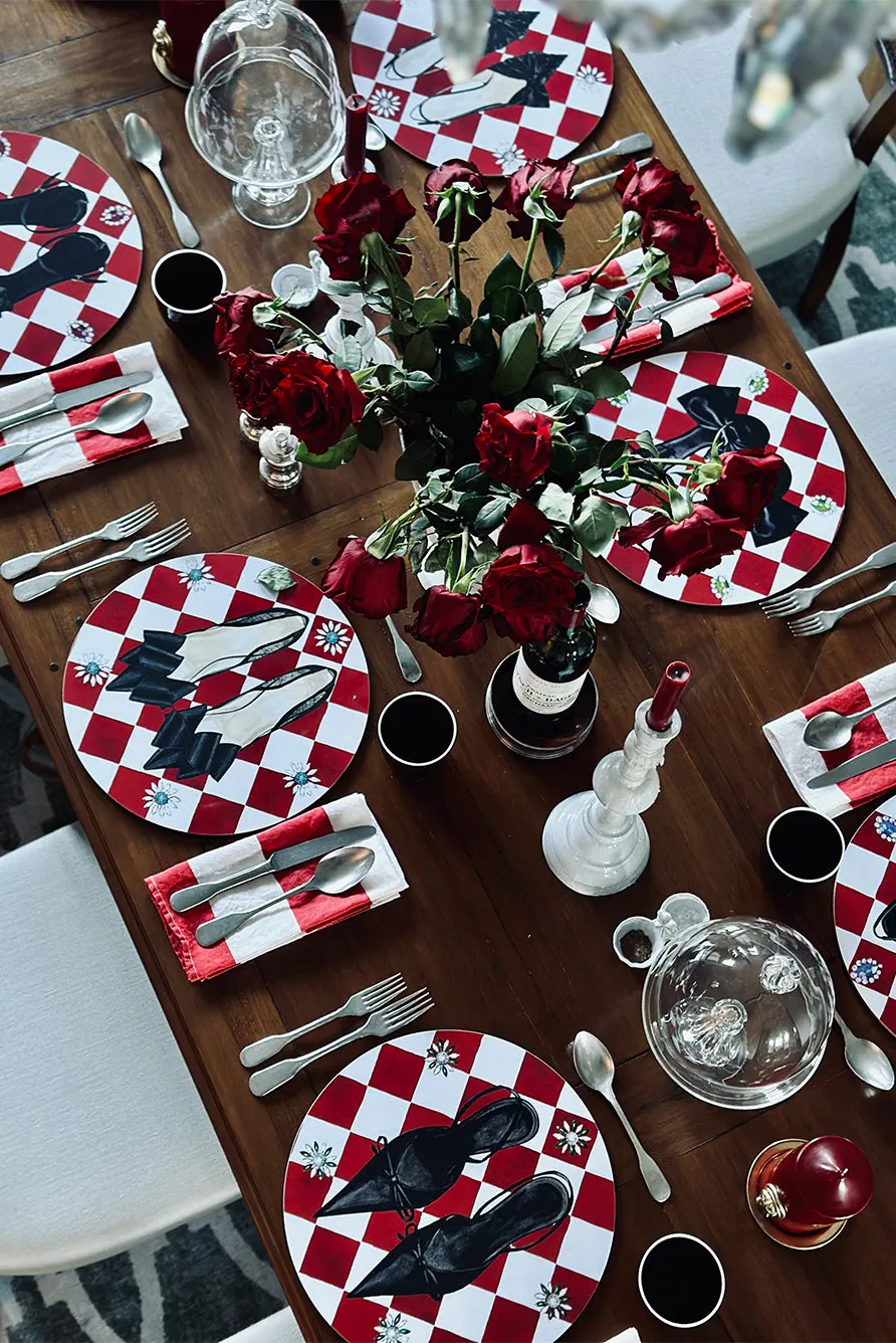 Set of 6 Shoe Check & Crystal Round Cork-Backed Placemats in Claret Red