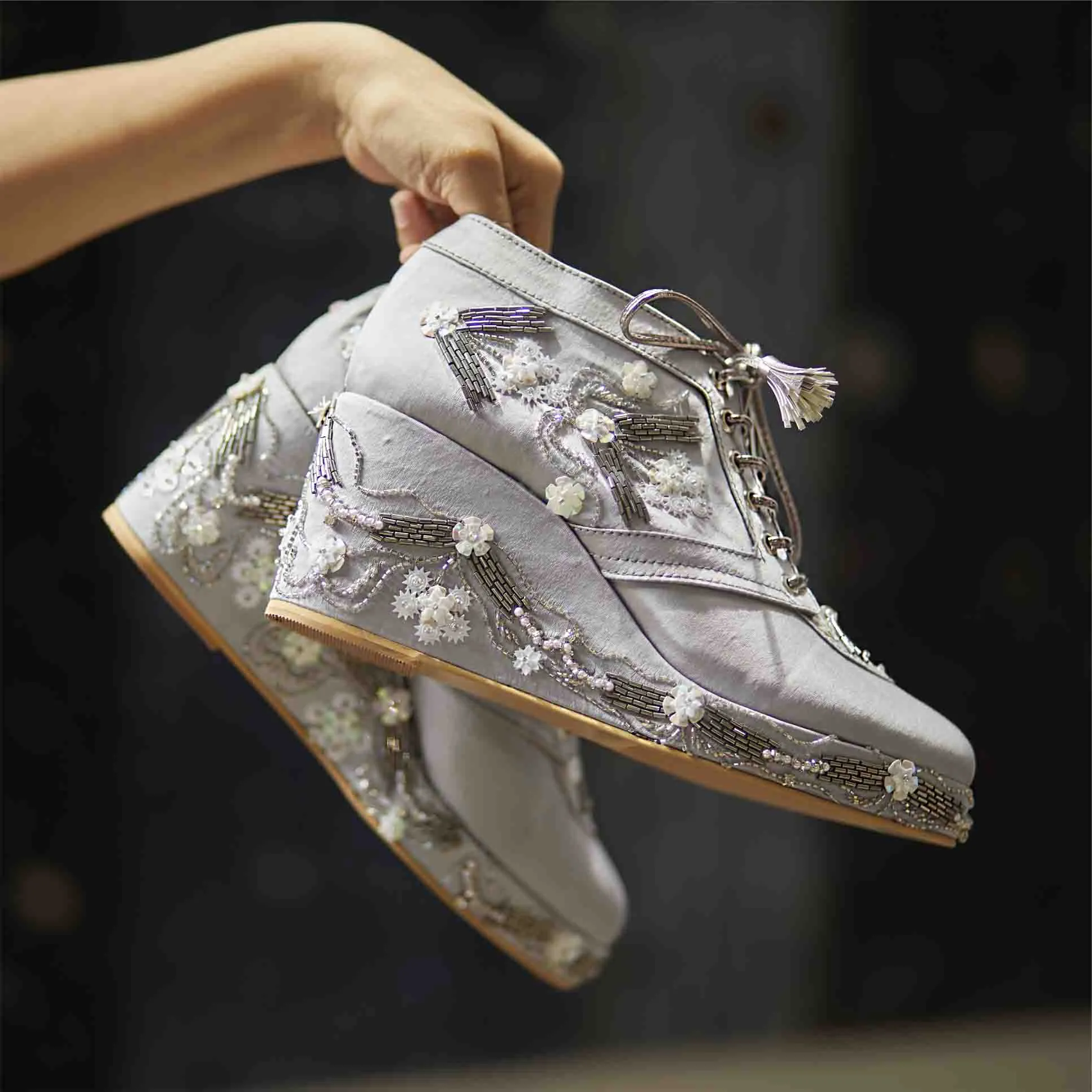 Silver Satin Embroidered Bridal Sneaker Wedges - Customized Wedding Shoes | Tiesta