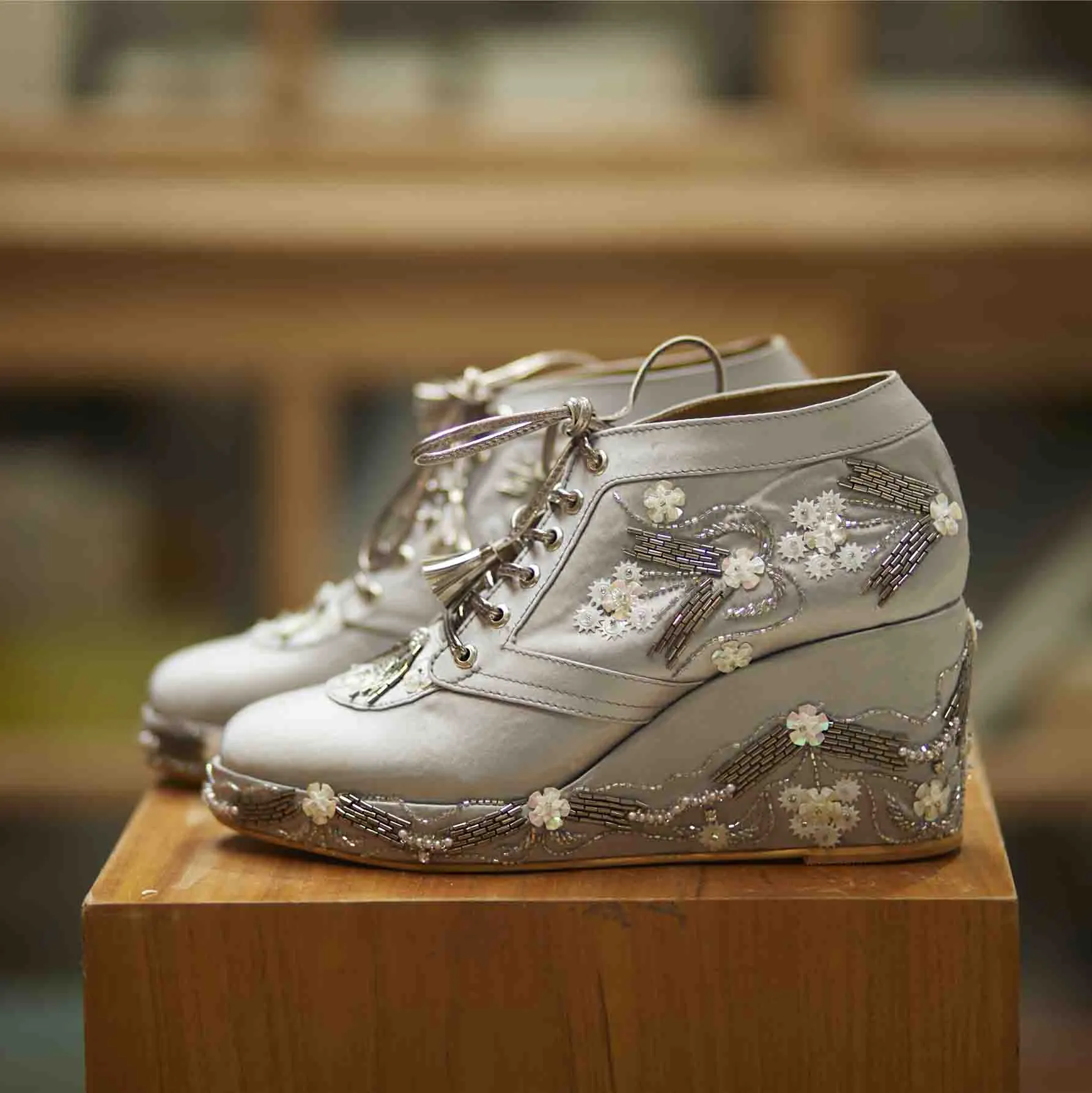 Silver Satin Embroidered Bridal Sneaker Wedges - Customized Wedding Shoes | Tiesta