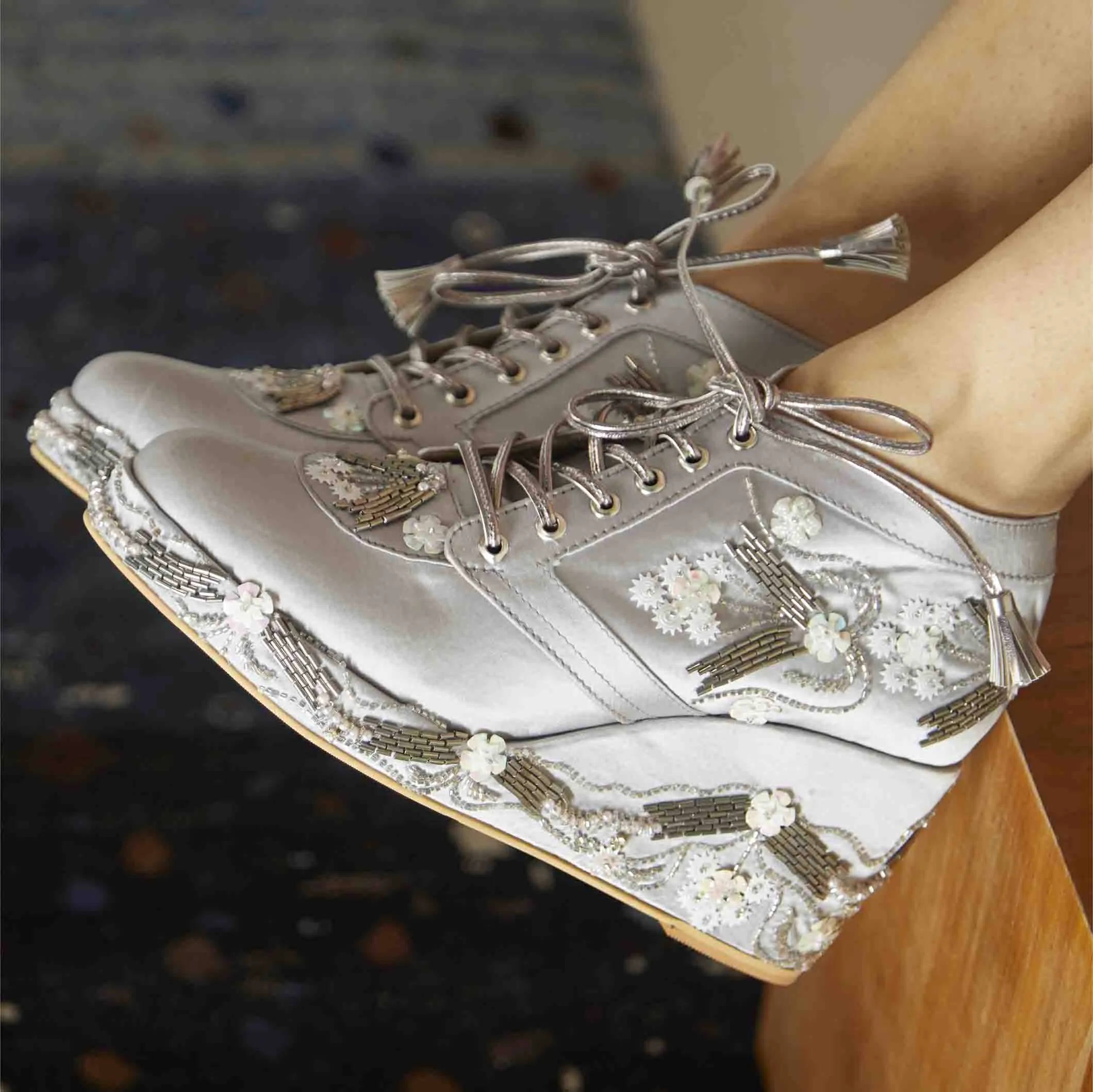 Silver Satin Embroidered Bridal Sneaker Wedges - Customized Wedding Shoes | Tiesta