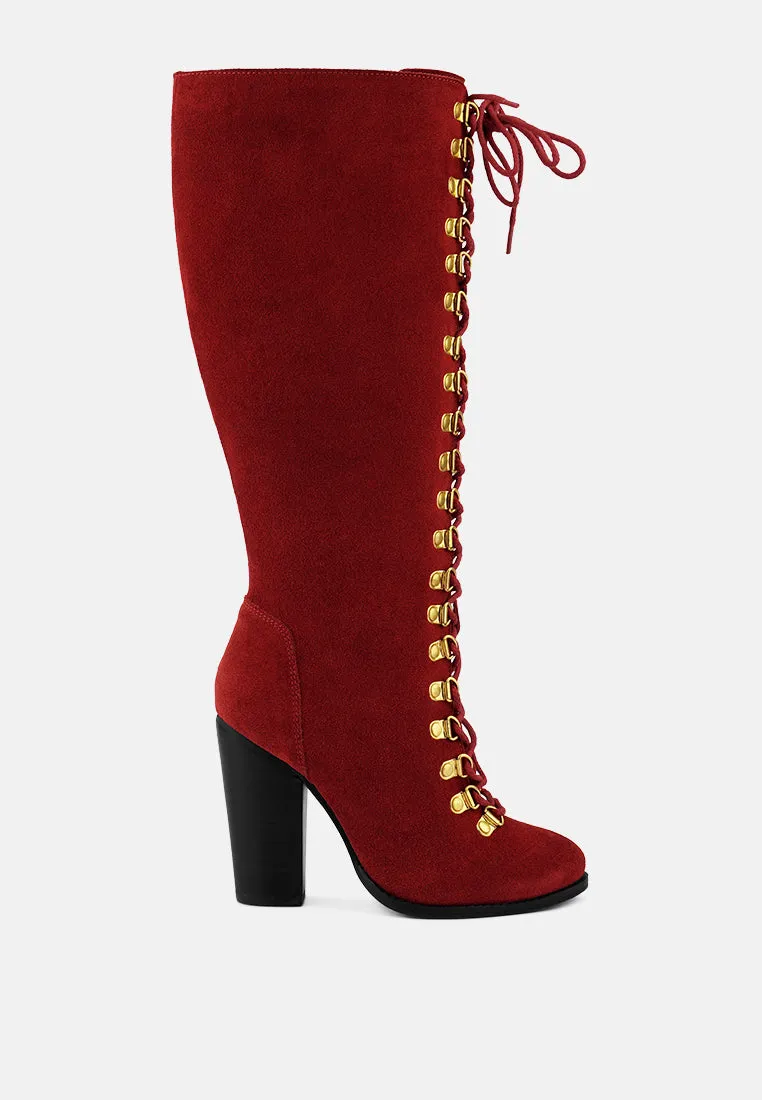 STREET-SLAY Antique Eyelets lace up Knee Boots In Red