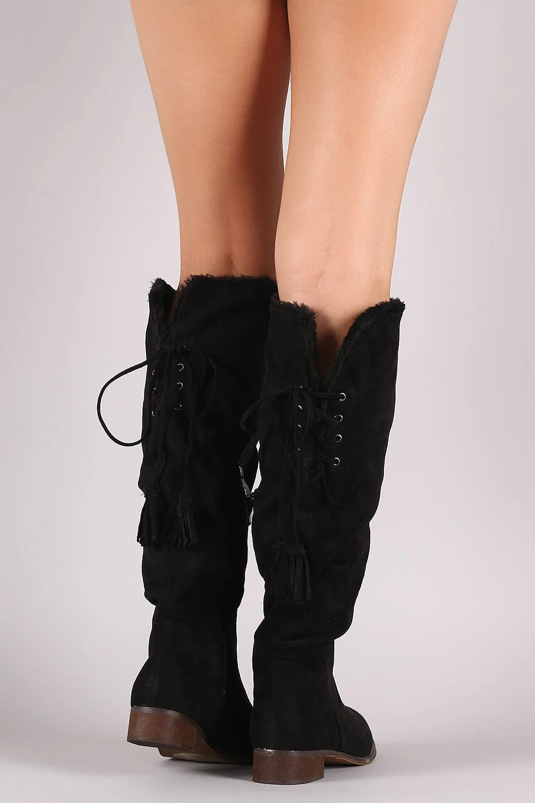 Suede Tassel Lace-Up Fur Cuff Riding Knee High Boots