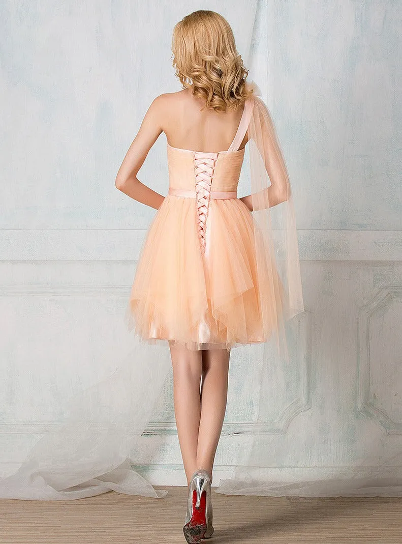 Sweetheart one-shoulder knee-length tulle short prom dress