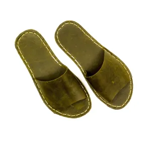 Tape Handmade Olive Green Leather Slippers for Men