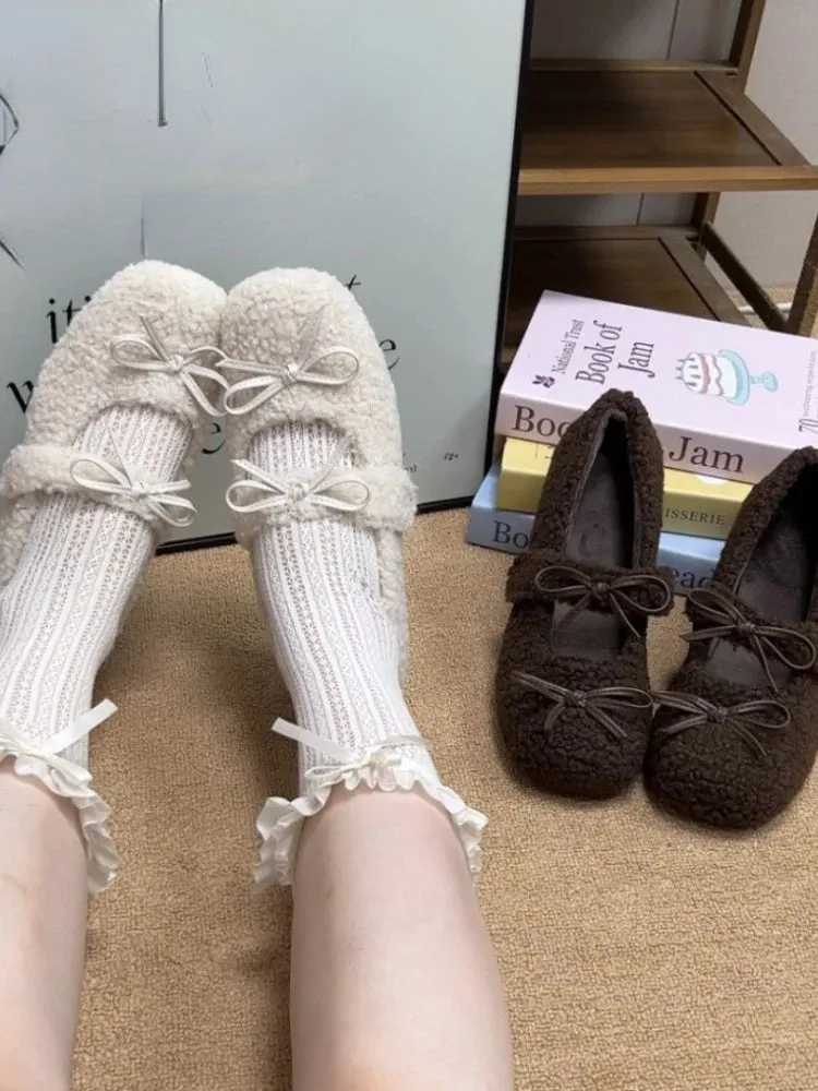 TAVIMART  -  Autumn New Bow Design Warm Shoes Women Fashion Solid Retro Wit Wedge Heels Shoes Female Korean Sweet Elegant Cotton Fur Shoes