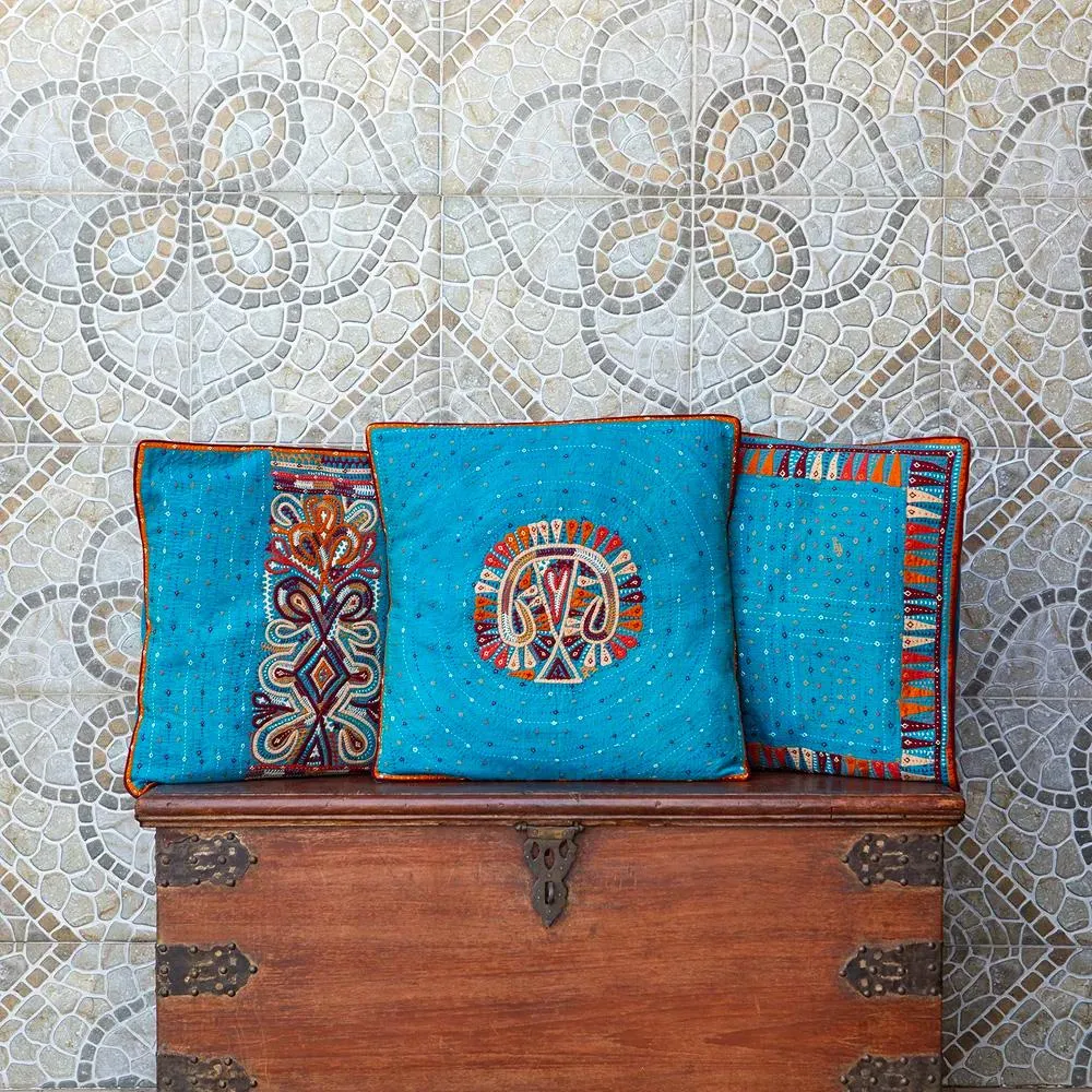 Teal Dhebariya Sebha Cushion Cover