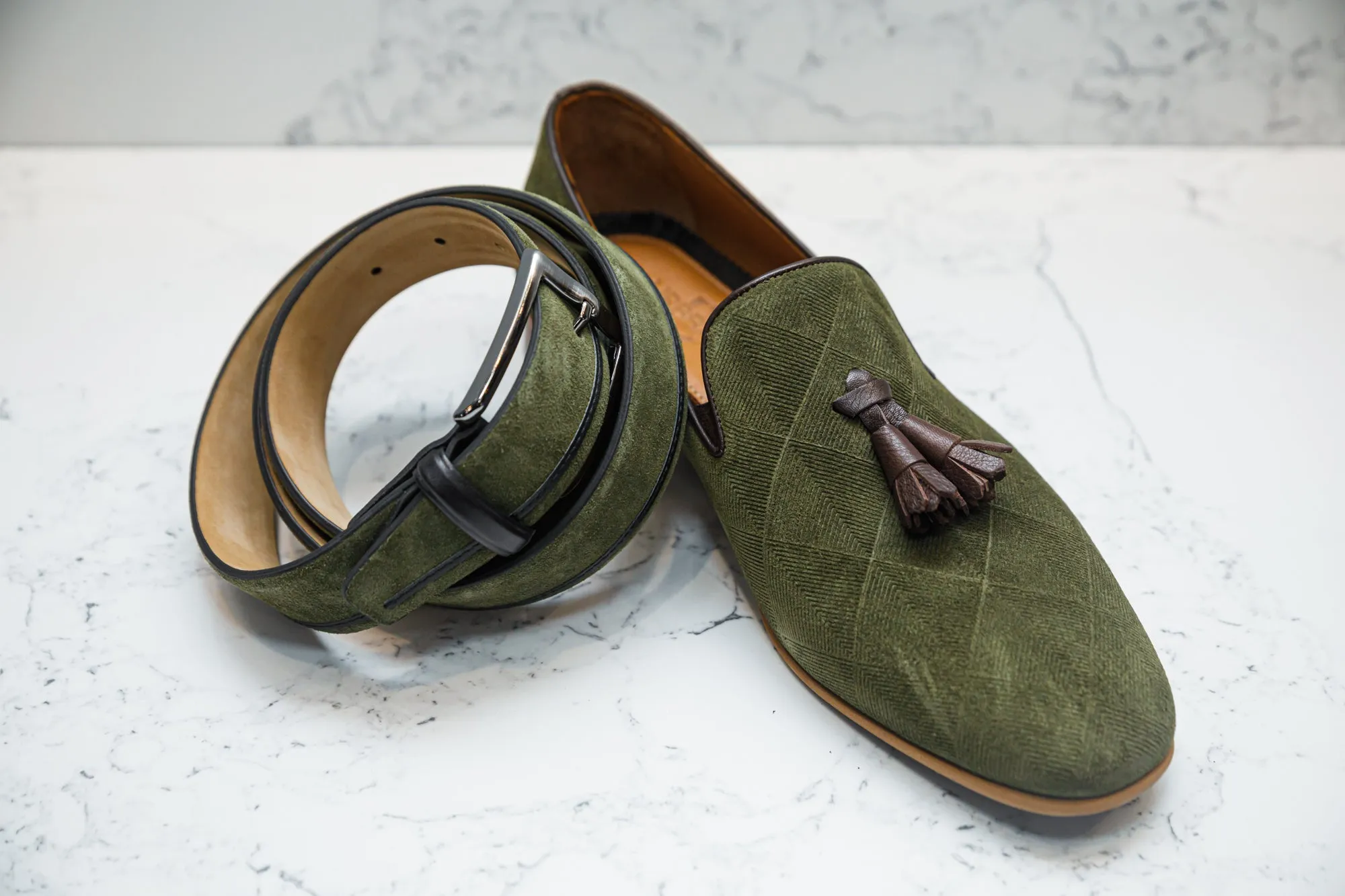 The Diamanté Suede Loafers - Khaki Green