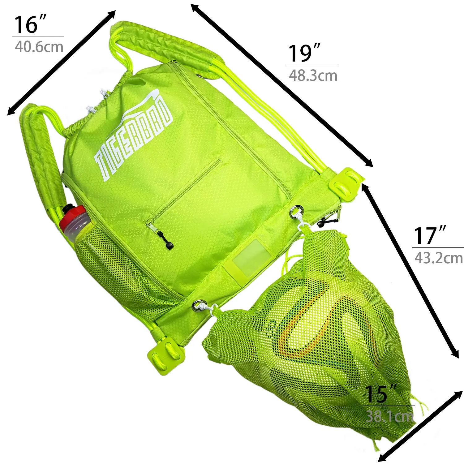 Tigerbro Soccer Backpack Basketball Sackpack with Detachable Mesh Sack Green Football Gear Bag with Nylon Ball Holder Shoe Compartment Waterproof for Boys Girls Women Men