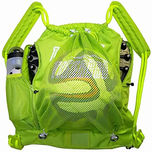 Tigerbro Soccer Backpack Basketball Sackpack with Detachable Mesh Sack Green Football Gear Bag with Nylon Ball Holder Shoe Compartment Waterproof for Boys Girls Women Men