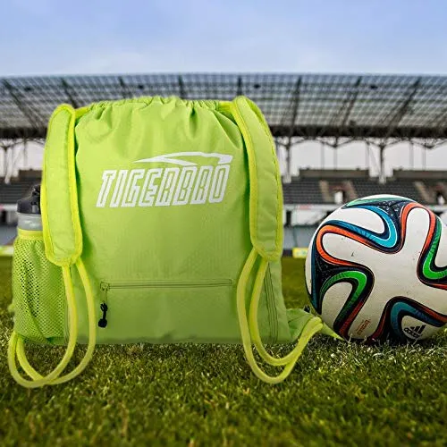 Tigerbro Soccer Backpack Basketball Sackpack with Detachable Mesh Sack Green Football Gear Bag with Nylon Ball Holder Shoe Compartment Waterproof for Boys Girls Women Men