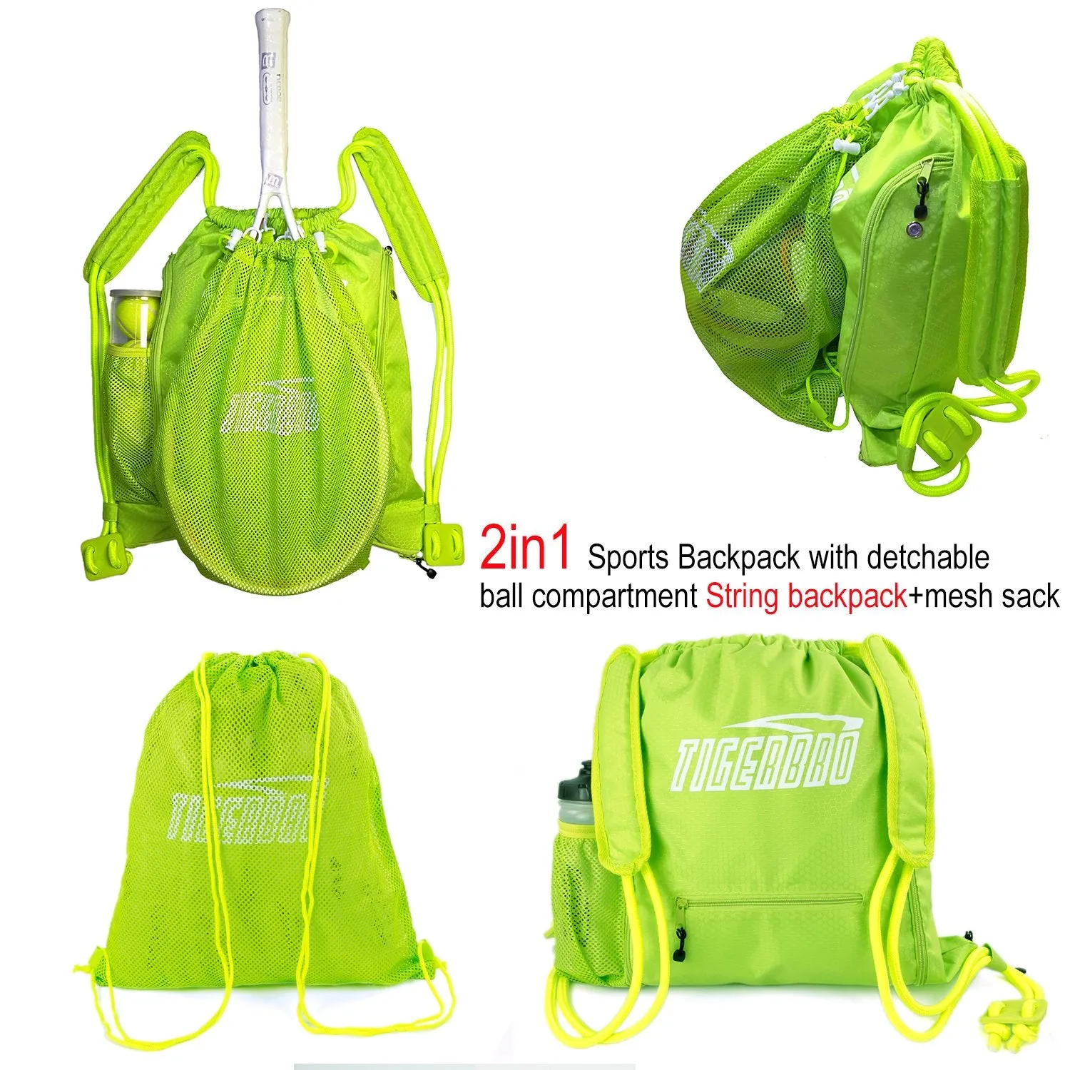 Tigerbro Soccer Backpack Basketball Sackpack with Detachable Mesh Sack Green Football Gear Bag with Nylon Ball Holder Shoe Compartment Waterproof for Boys Girls Women Men