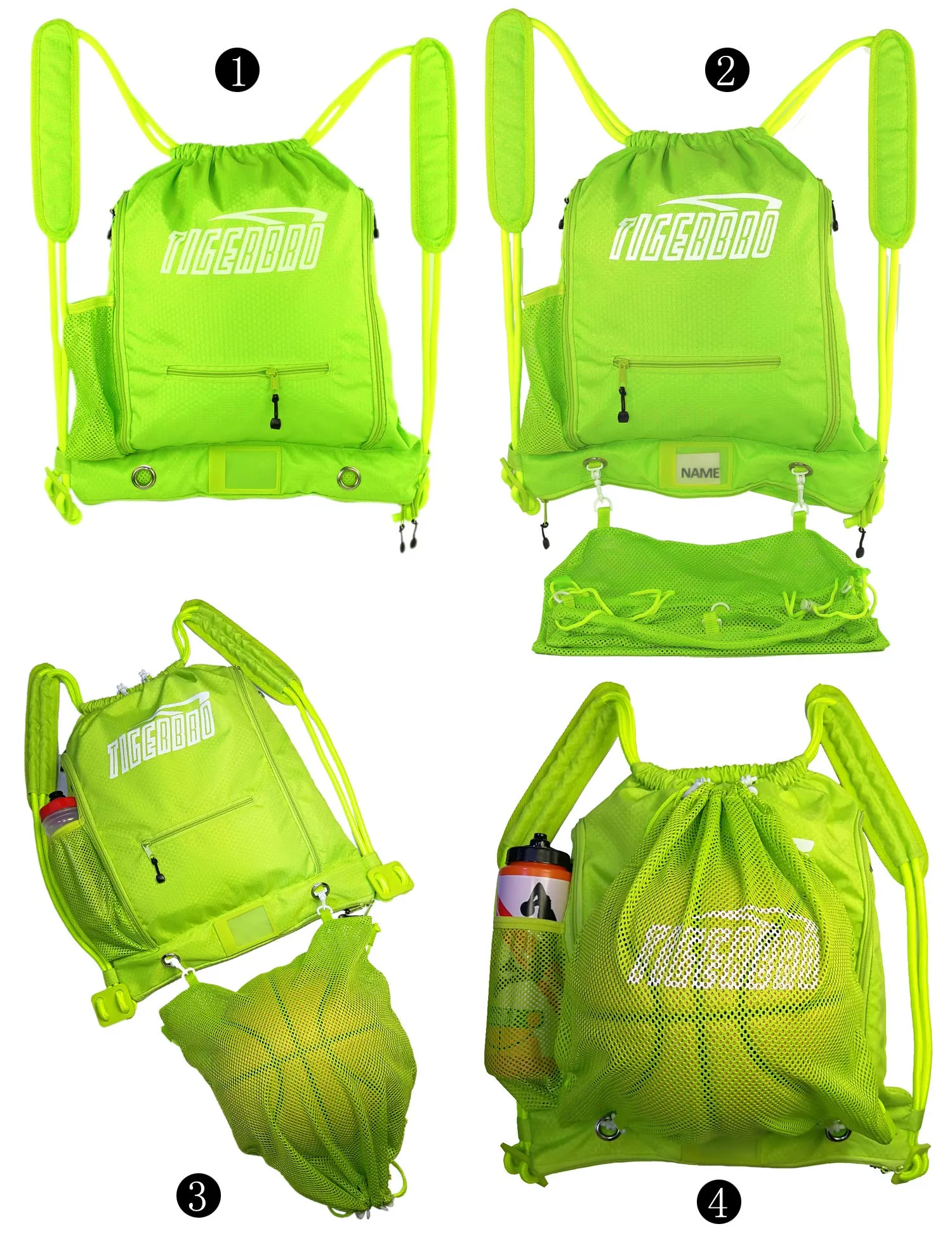 Tigerbro Soccer Backpack Basketball Sackpack with Detachable Mesh Sack Green Football Gear Bag with Nylon Ball Holder Shoe Compartment Waterproof for Boys Girls Women Men