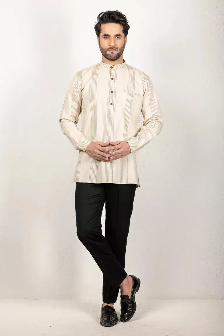 Two-Tone Yarn Dyed Cream Short Kurta