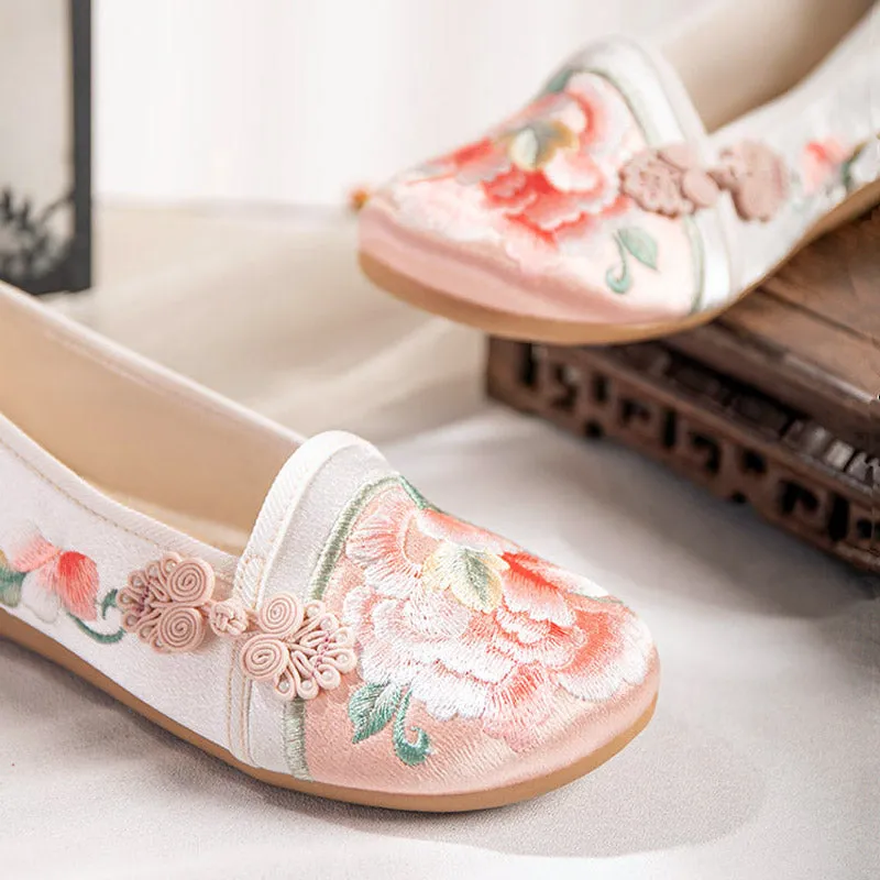 Vintage Peony Flower Embroidered Flat Shoes with Delicate Chinese Buckle