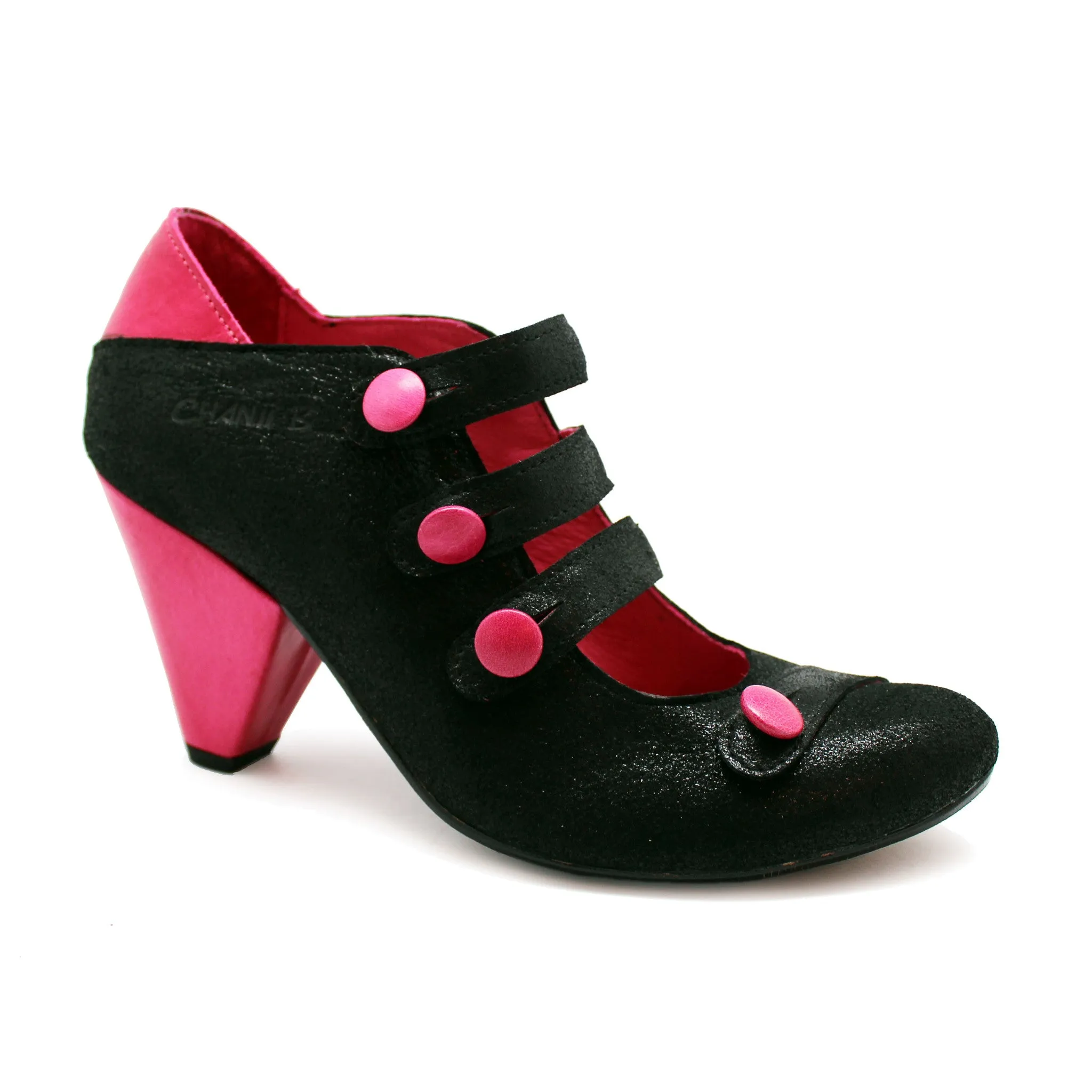 Voila - Black/Fuchsia button heel shoe- Last pairs 35 & 39