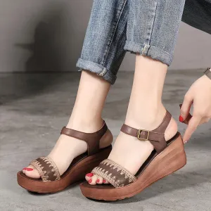 Wedge Sandals Handmade Retro Leather Open Toe Knitting Platforms Gray/Coffee