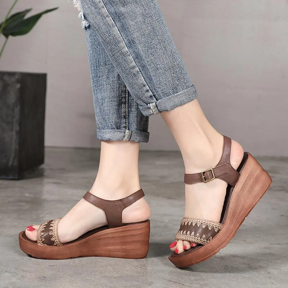 Wedge Sandals Handmade Retro Leather Open Toe Knitting Platforms Gray/Coffee