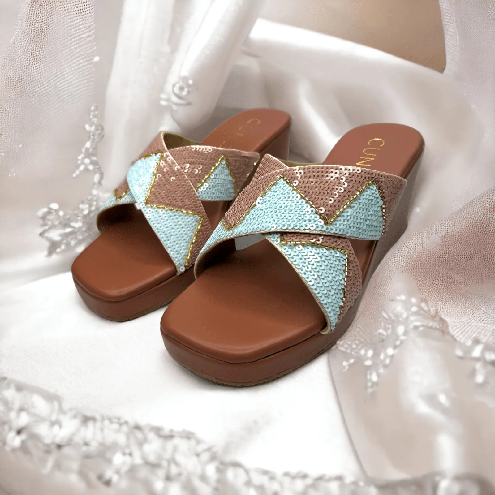 Whimsical Blue and Tan Sequin Wedges