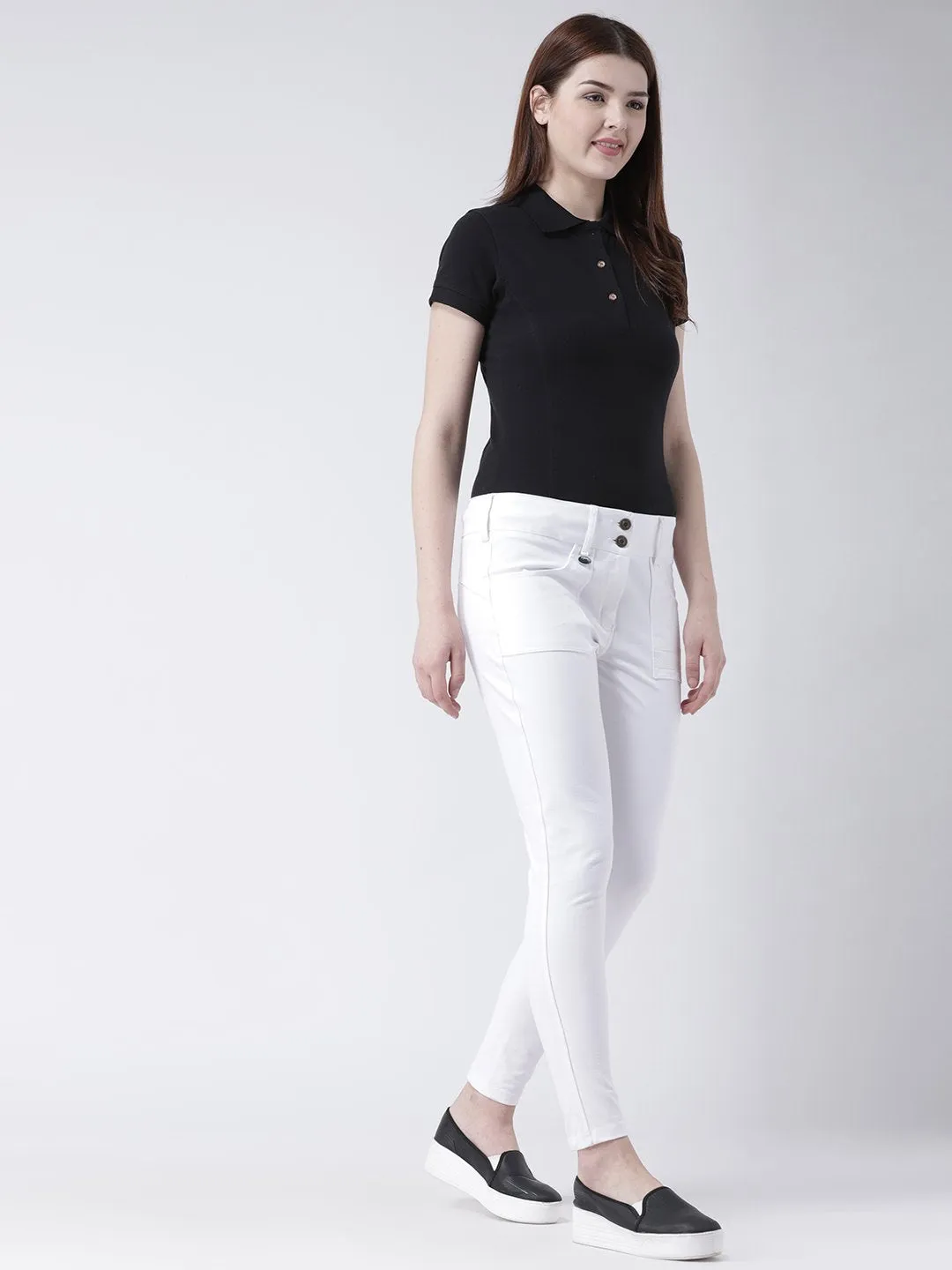 Women Black Solid Polo Neck T-shirt