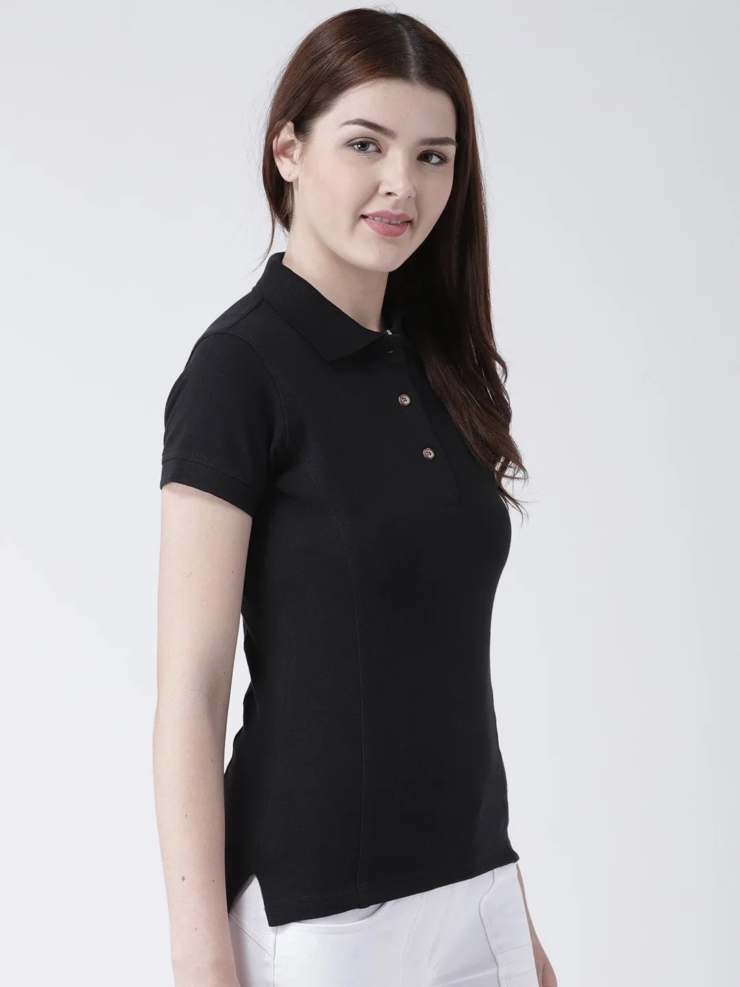 Women Black Solid Polo Neck T-shirt