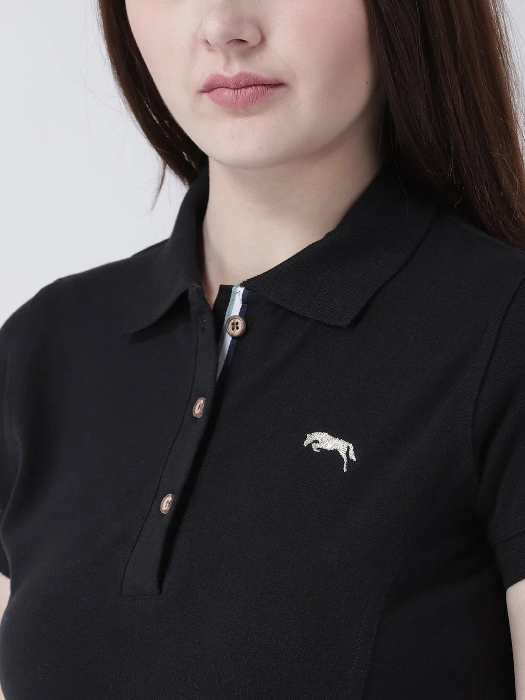 Women Black Solid Polo Neck T-shirt