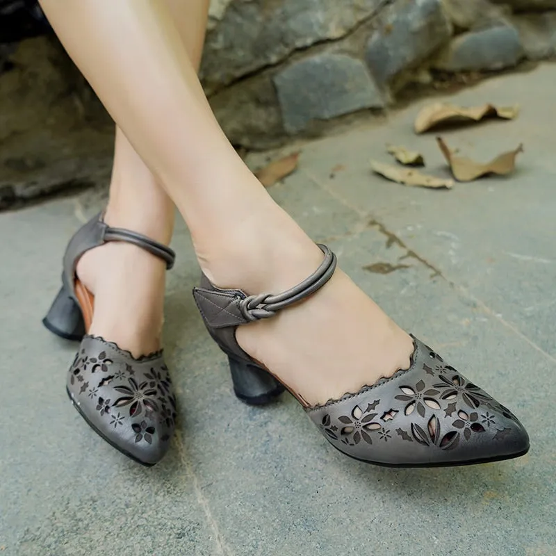 Women Handmade Leather Pumps Flowers Ankle Strap Formal Office Shoes For Women Original Design Gray/Coffee