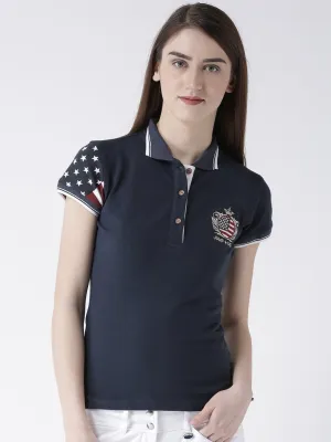 Women Navy Blue Solid Polo Collar T-shirt