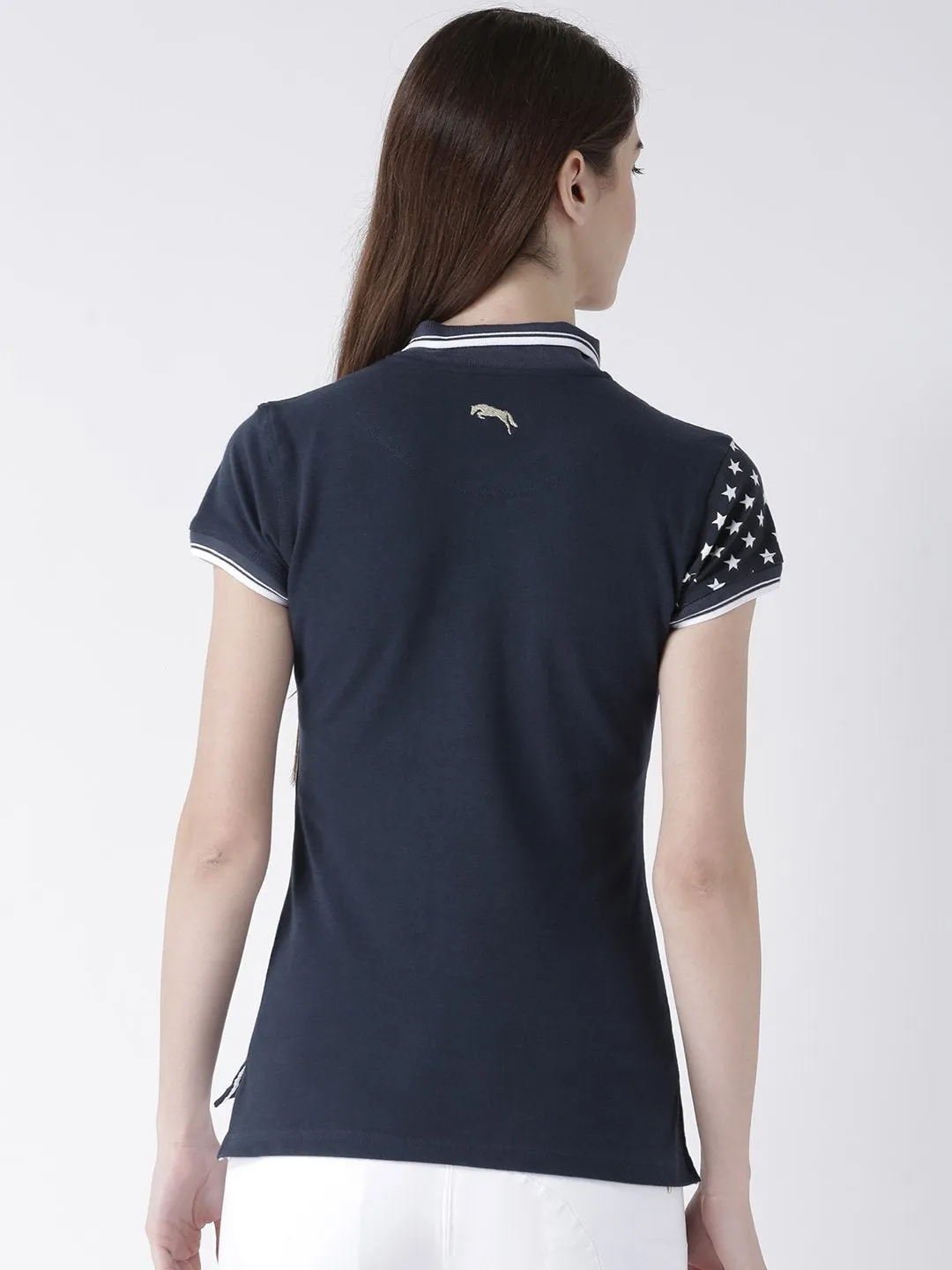 Women Navy Blue Solid Polo Collar T-shirt