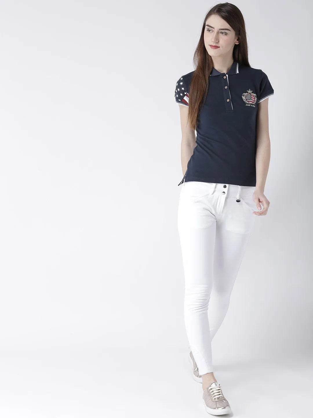 Women Navy Blue Solid Polo Collar T-shirt