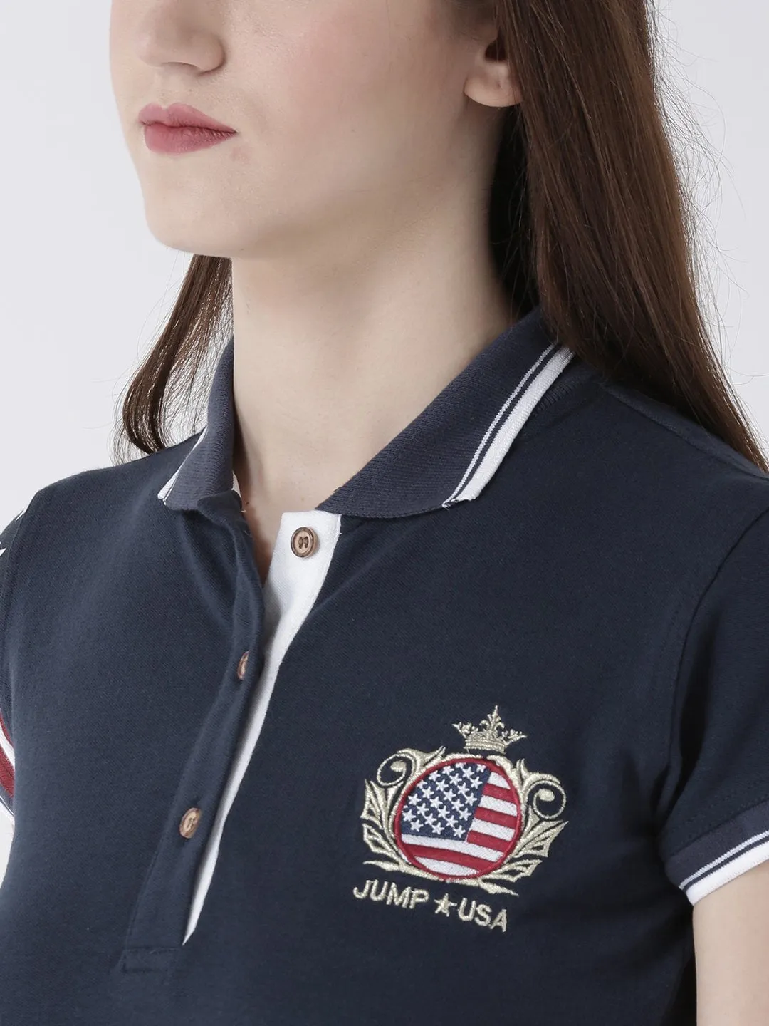 Women Navy Blue Solid Polo Collar T-shirt