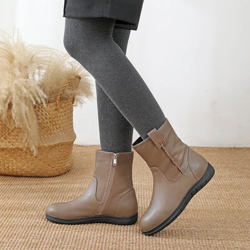 Women Retro Leather Soft Short Boots for Winter Short Plush Lining Black/Khaki