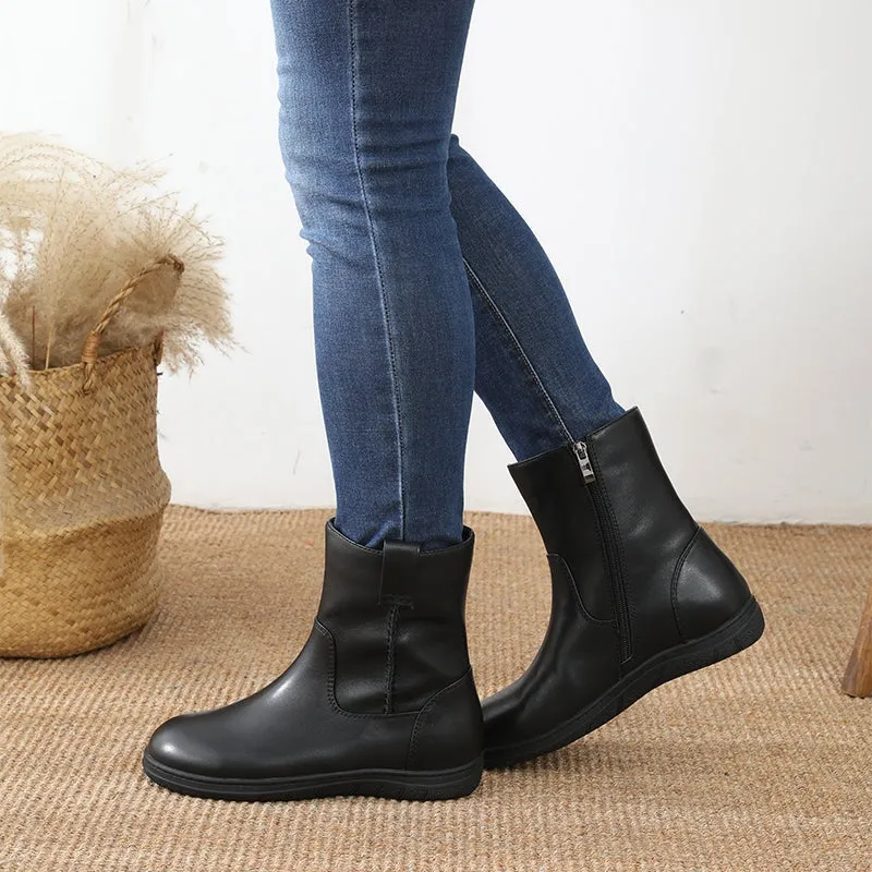 Women Retro Leather Soft Short Boots for Winter Short Plush Lining Black/Khaki